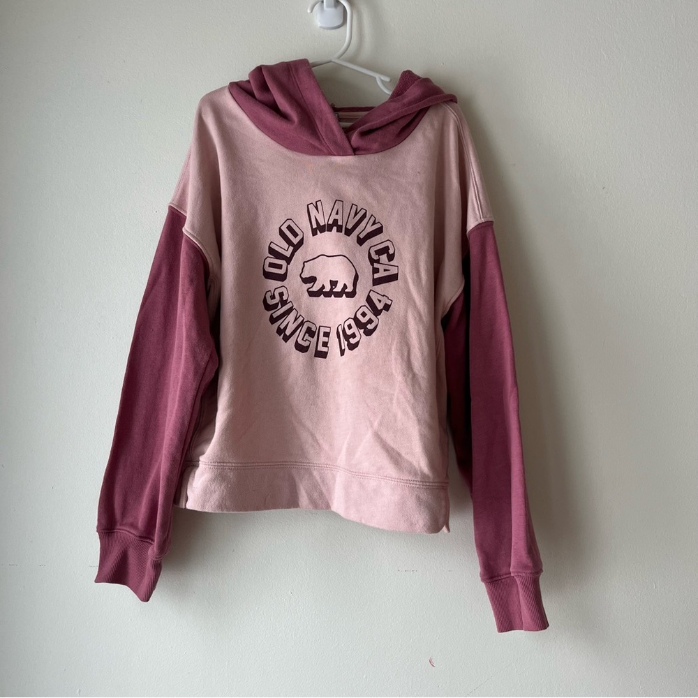 🌼 5/$25 Old Navy Pink Colorblock Bear Hoodie Kids L 10–12 Pullover Sweatshirt - Picture 1 of 11